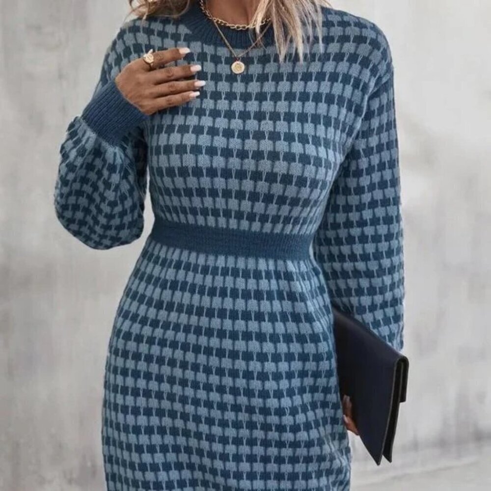 MODA ME COUTURE Sweater Dress Polyester Houndstooth Quiet Luxury L Blue - Picture 3 of 10